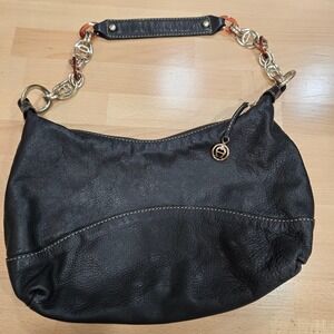Etienne Aigner Black Leather Hobo Shoulder Bag Chain Detail Elegant